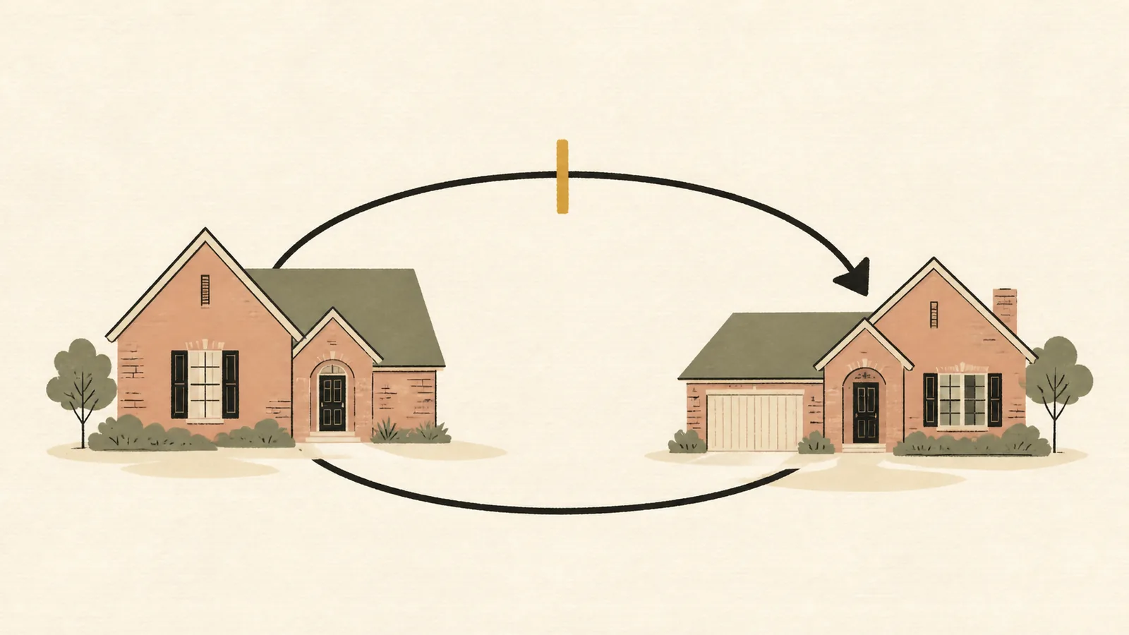 Illustration of two houses joined by a curved arrow with a tick mark cutting across its midpoint.
