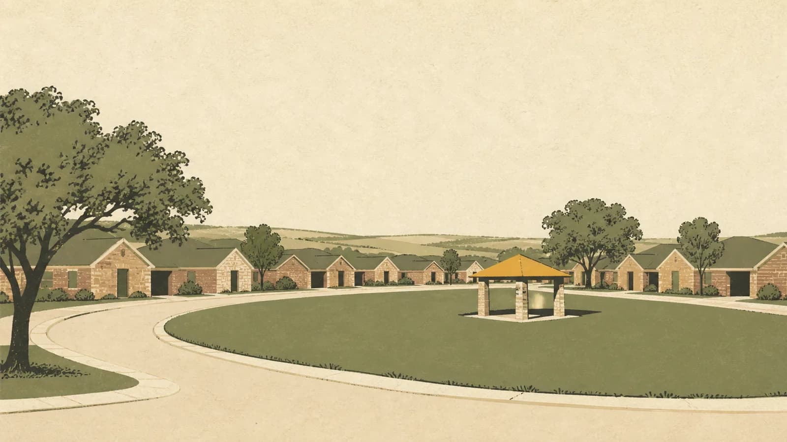 Illustration of single-story houses curving around an oval green with a small pavilion at its centre.