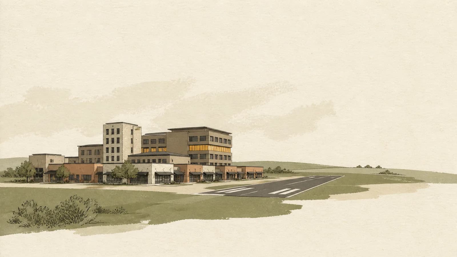 Illustration of a tight cluster of mid-rise blocks and storefronts beside a short runway strip.