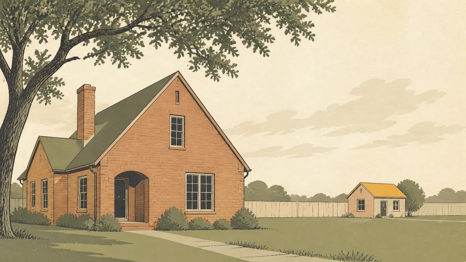 Illustration of a house with a much smaller separate outbuilding at the back of the lot.