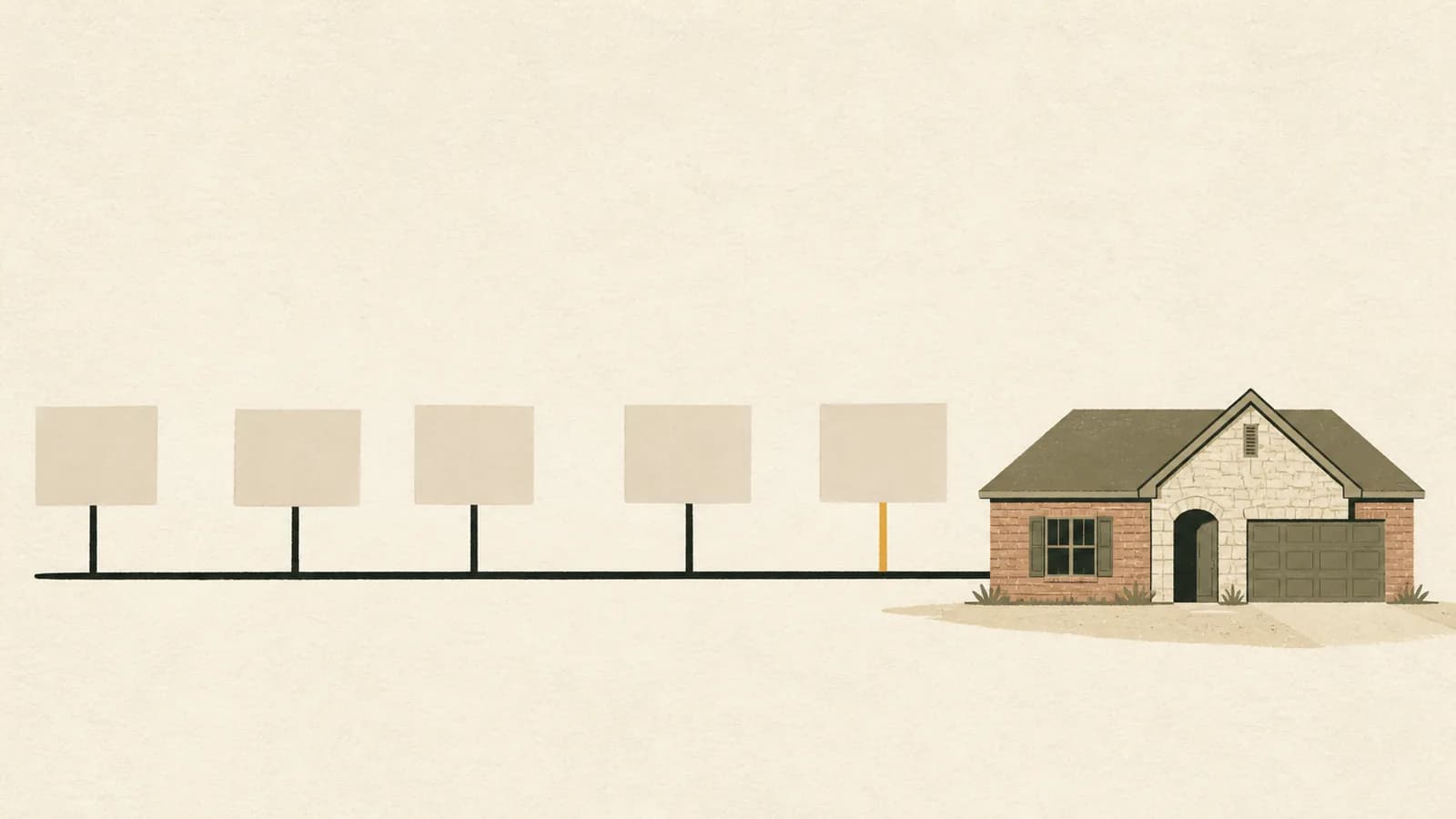 Illustration of a timeline rule with five uneven ticks carrying blank cards, ending at a house.