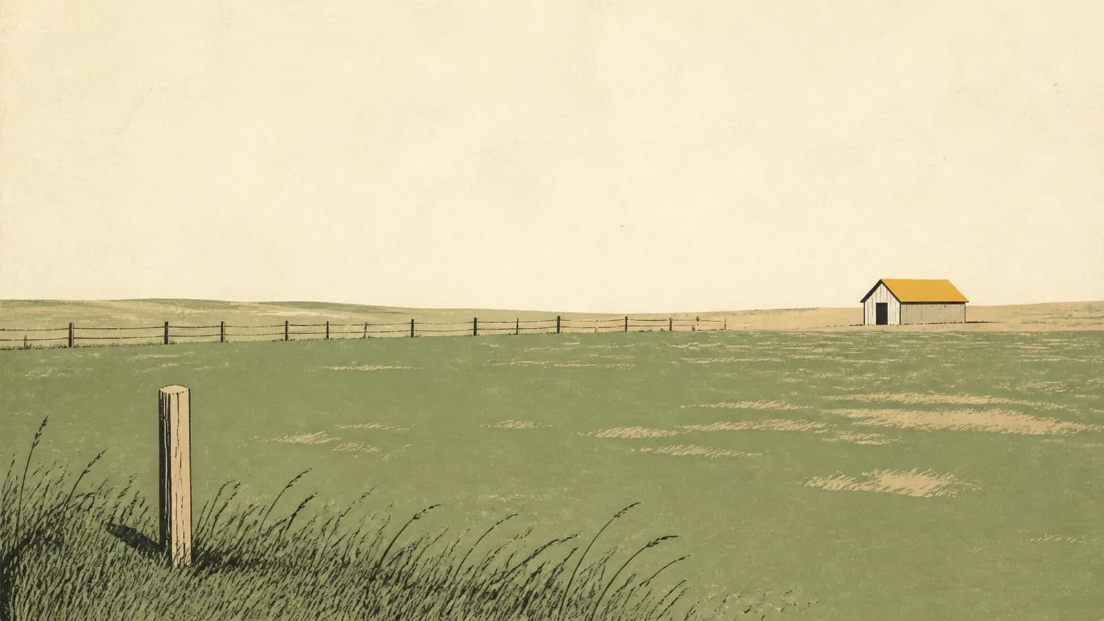 Illustration of open pasture with a low fence, a small barn at the edge, and a surveyed stake.
