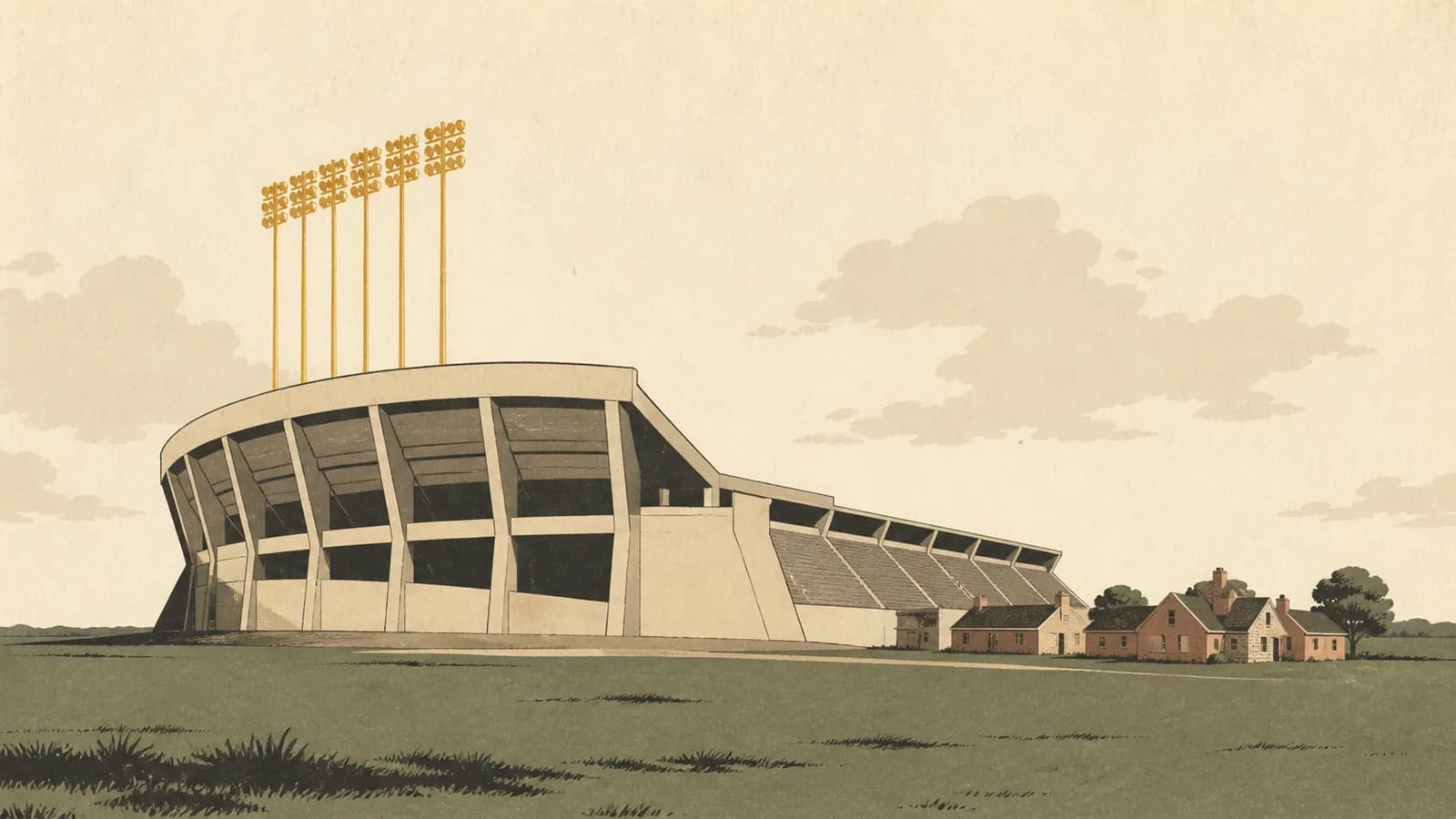 Illustration of a large high school stadium on open prairie beside a small cluster of suburban rooftops.