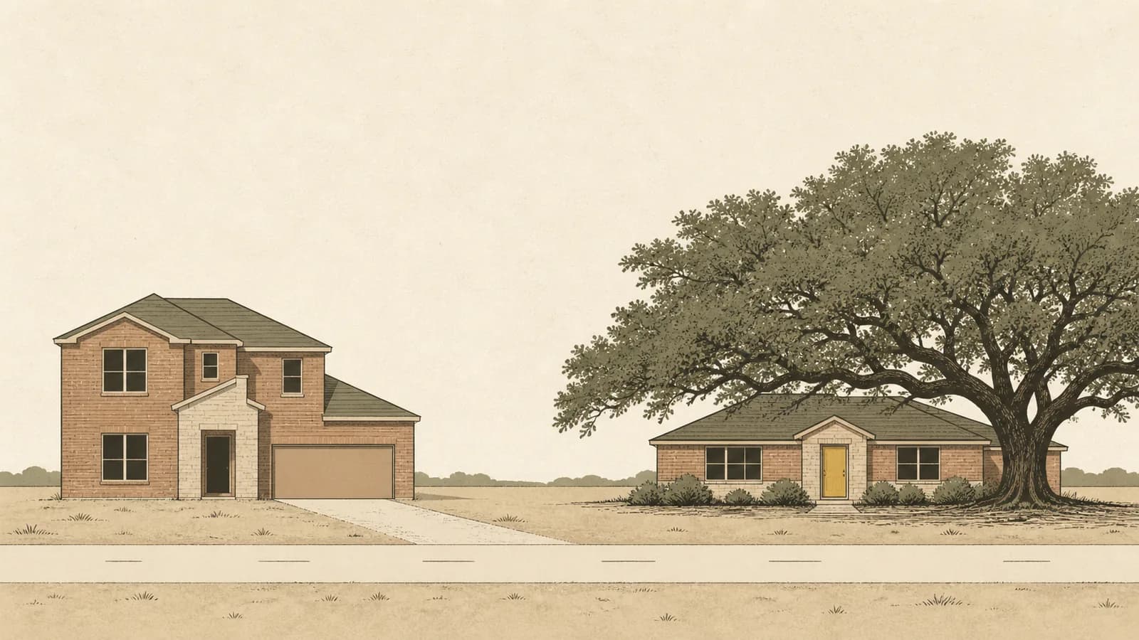 Illustration of a newer house and an older house facing each other across a short road.