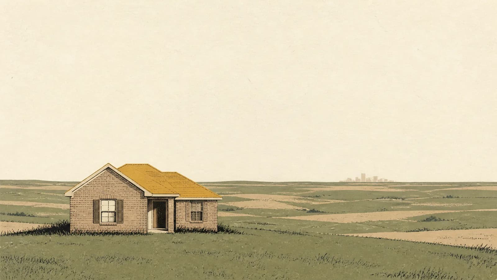 Illustration of one new brick house on open prairie with a distant faint cluster on the horizon.