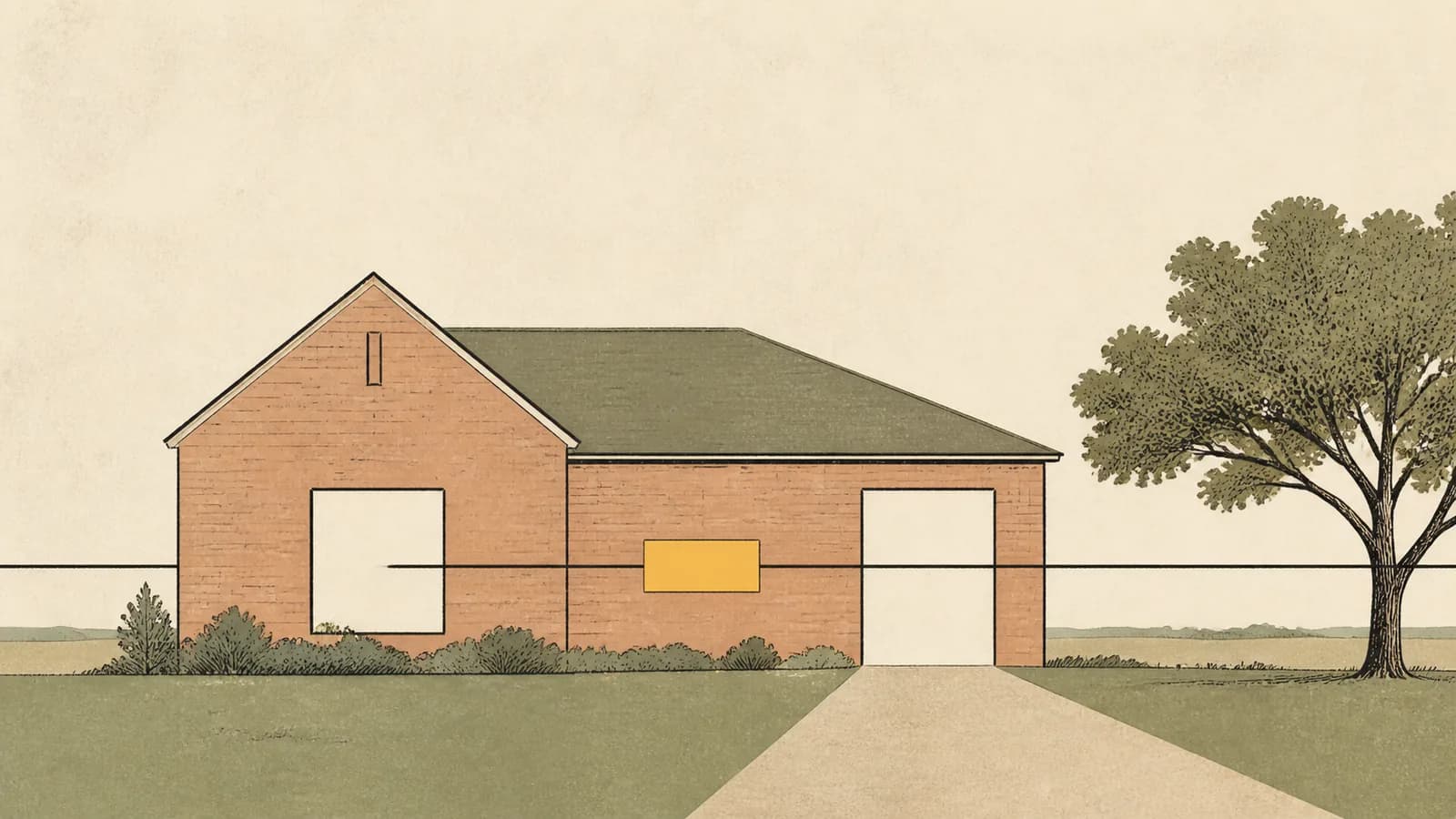 Illustration of a house with a rectangular block moving across it along a horizontal line.