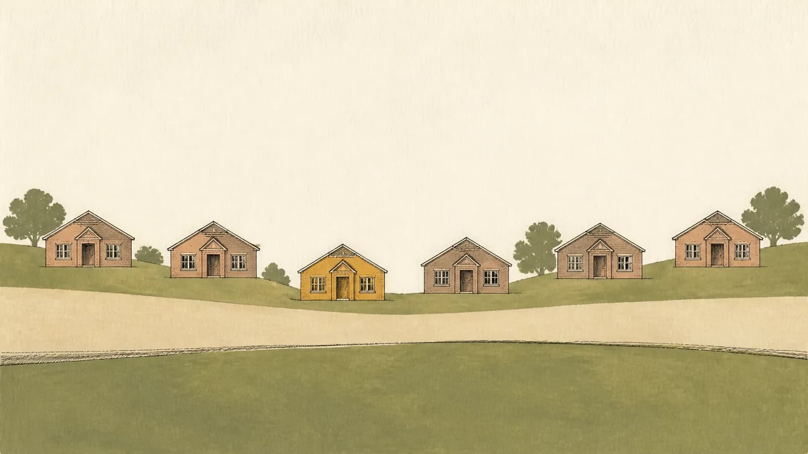 Illustration of six identical small brick houses spaced across a gently rolling prairie horizon.