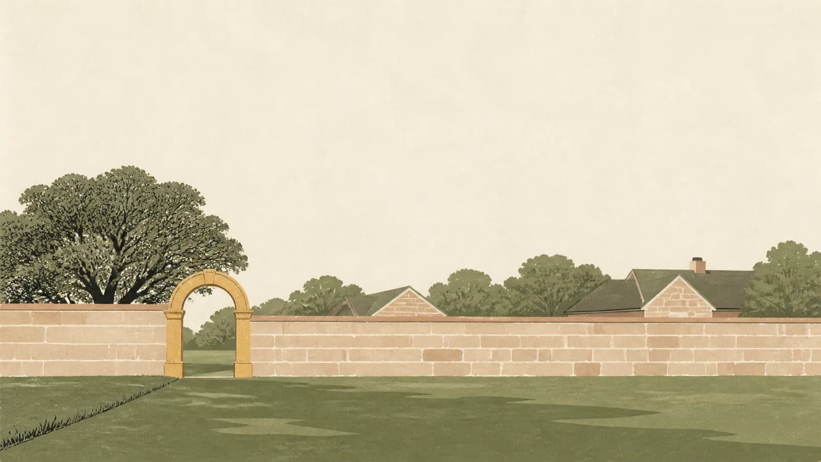 Illustration of a long stone perimeter wall with one open gateway arch and rooftops beyond.