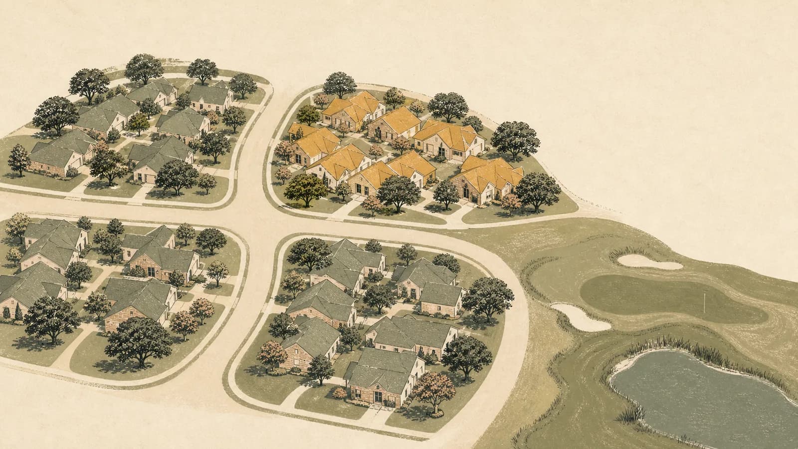 Overhead illustration of four suburban neighborhood blocks separated by curving streets beside a golf course edge.