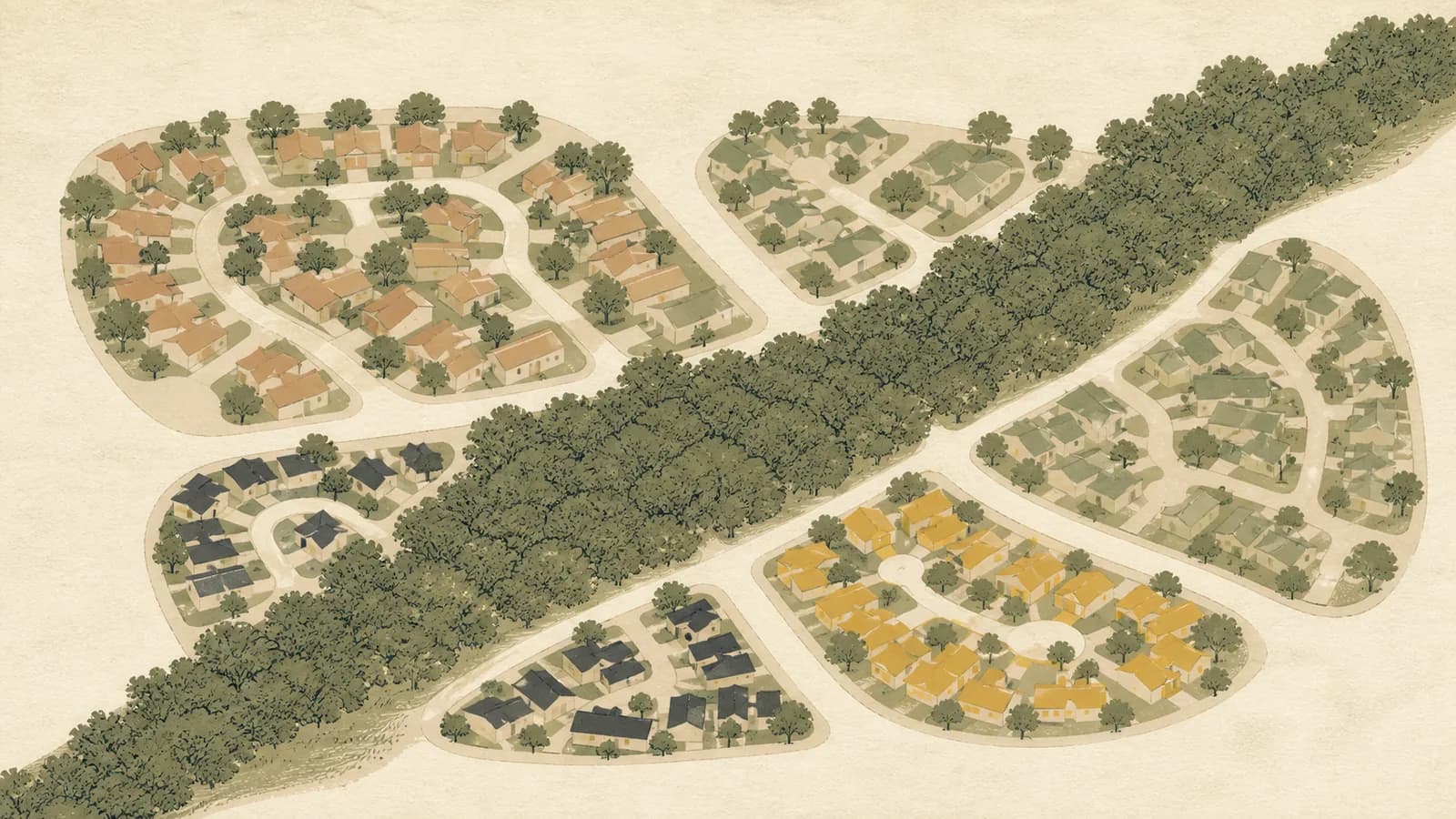 Overhead illustration of four neighborhood blocks threaded by a wide wooded greenbelt corridor.