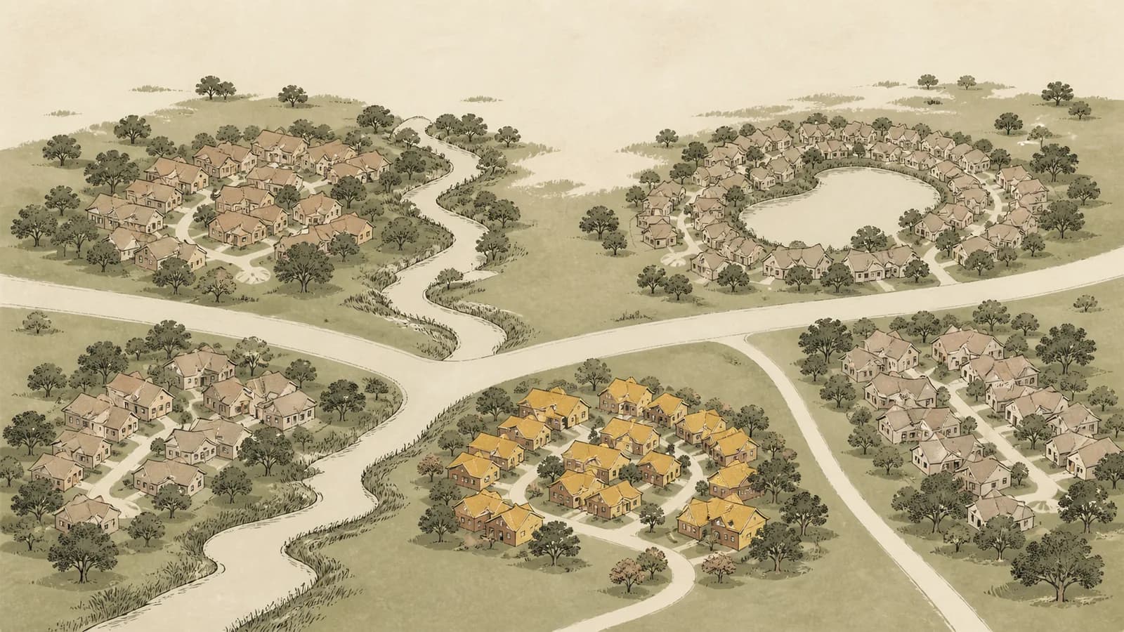 Overhead illustration of five clusters of rooftops separated by a creek and roads, one beside a lake.