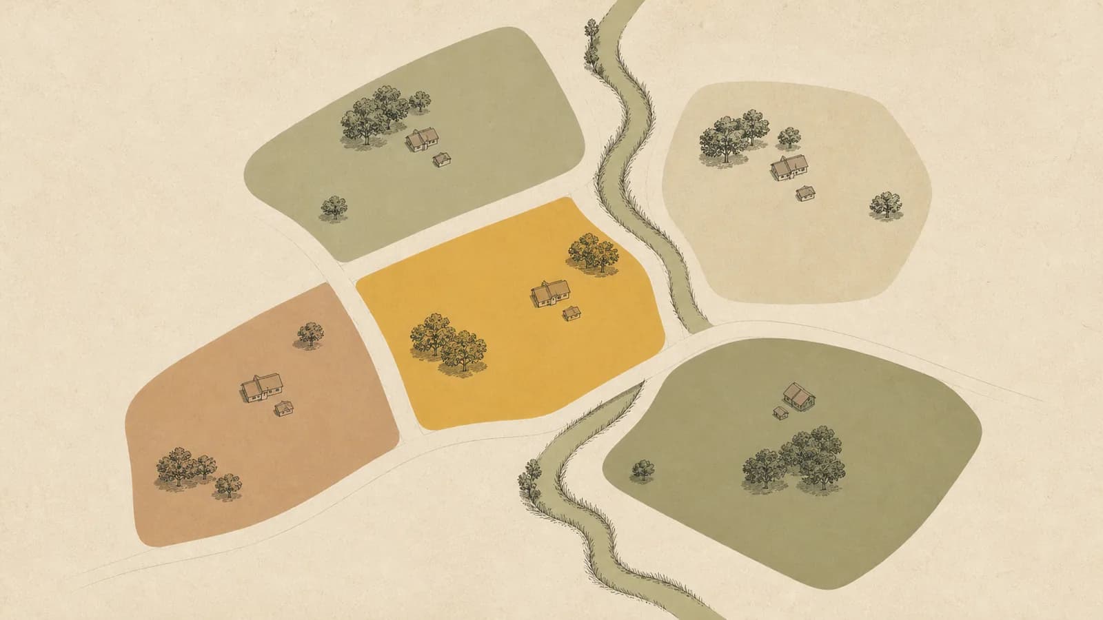 Overhead map-style illustration of five neighborhood parcels divided by roads and a creek.