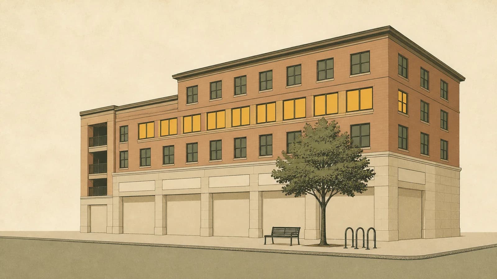 Illustration of a low-rise mixed-use apartment building with ground-floor storefronts and a street tree.