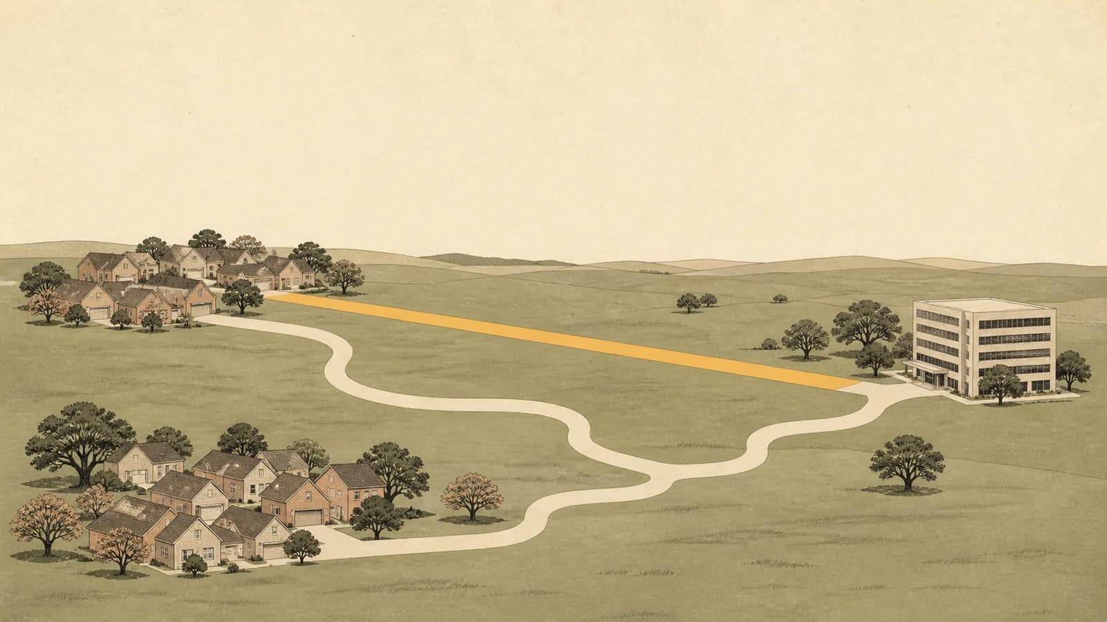 Illustration of two roads of different lengths running from one office block to two rooftop clusters.