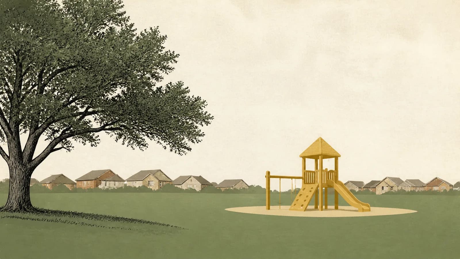 Illustration of a park green with a play structure and tree canopy in front of a row of rooftops.