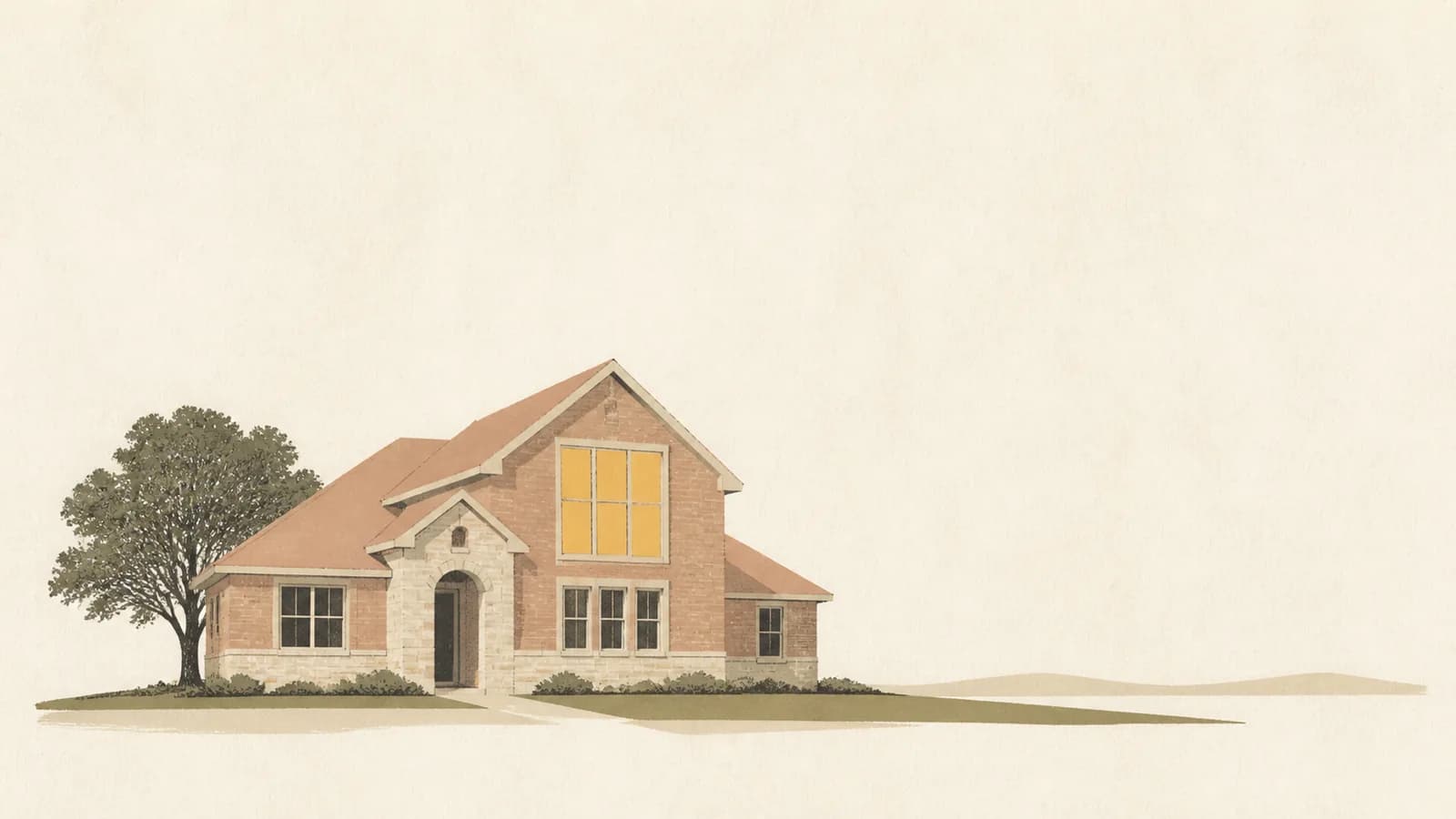 Illustration of a house with one oversized upper window and wide quiet empty space around it.