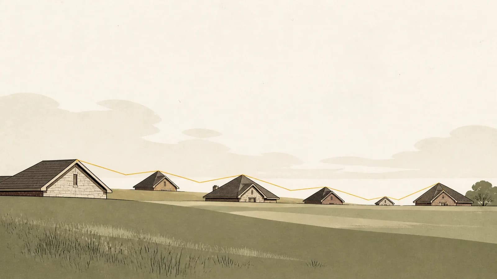 Illustration of six rooftops at different distances on a prairie connected by one fine line.
