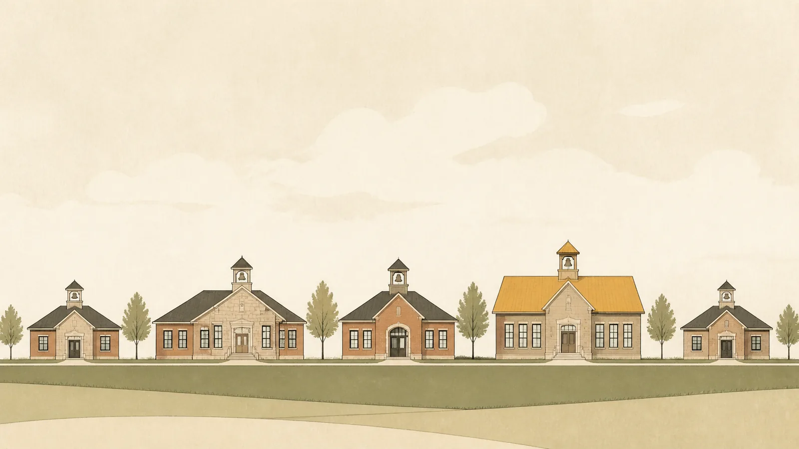 Illustration of five simplified school buildings of different sizes standing in a row.