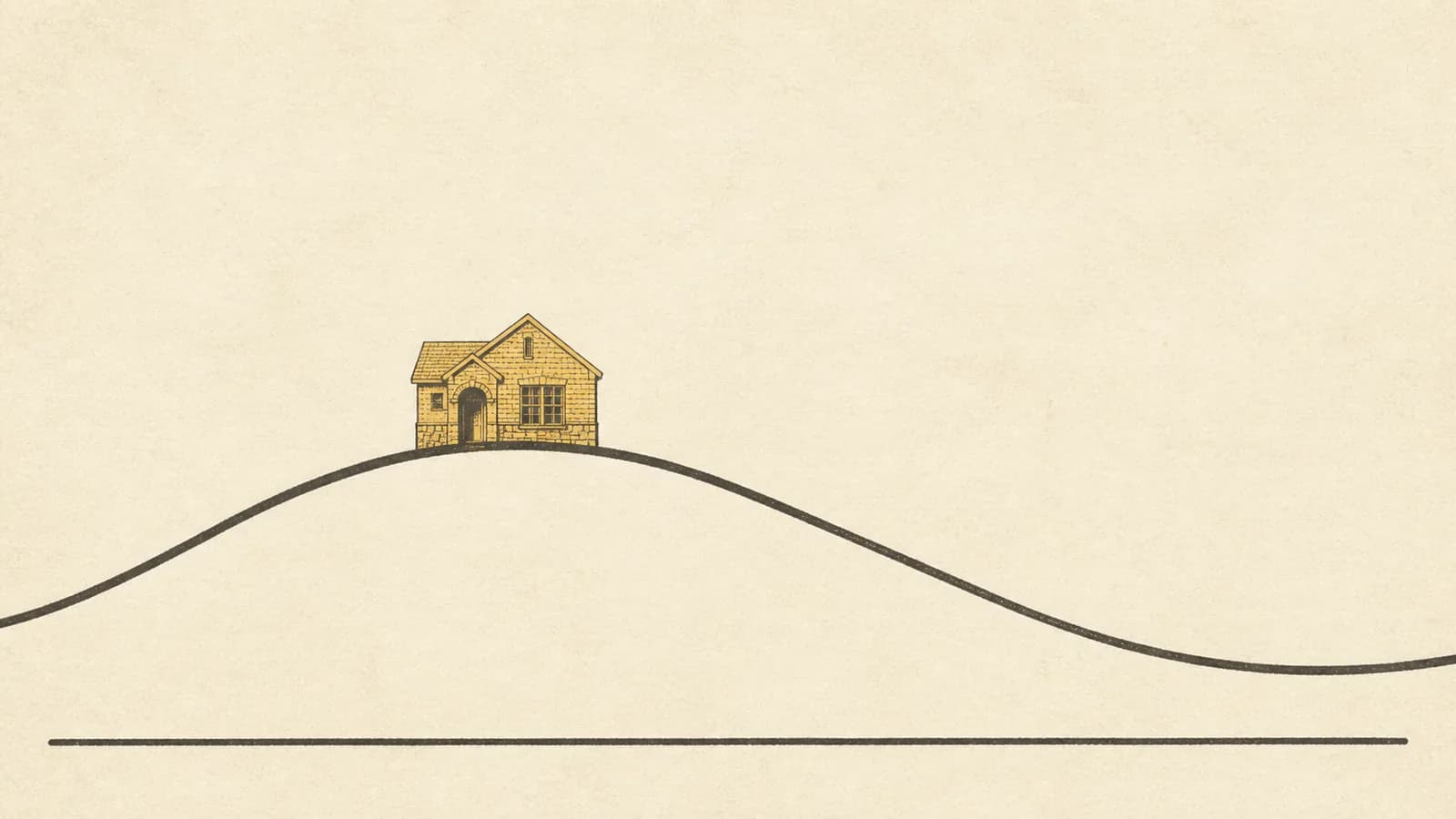 Illustration of a gentle rising and falling curve with a small house at its highest point.