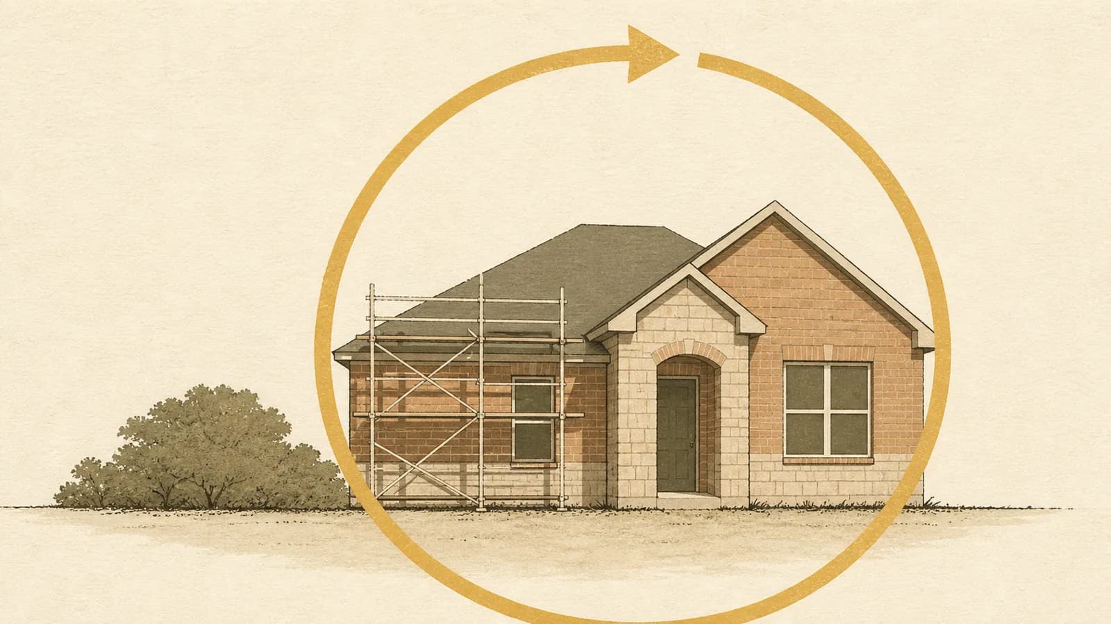 Illustration of a house half-covered in scaffolding inside a large circular arrow loop.