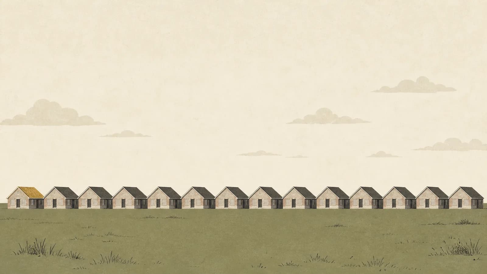 Illustration of a long row of identical rooftops with one different rooftop at the near end.