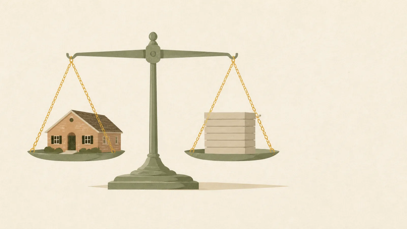 Illustration of balance scales with a small new house on one pan and a stack of blocks on the other.