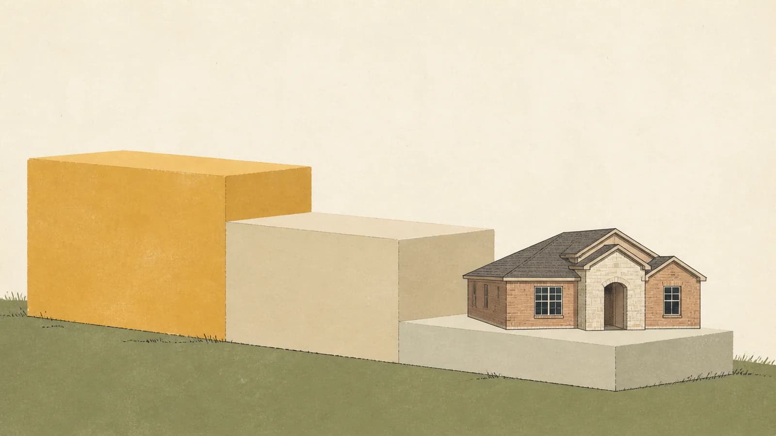 Illustration of three descending steps with a small new house standing on the lowest one.