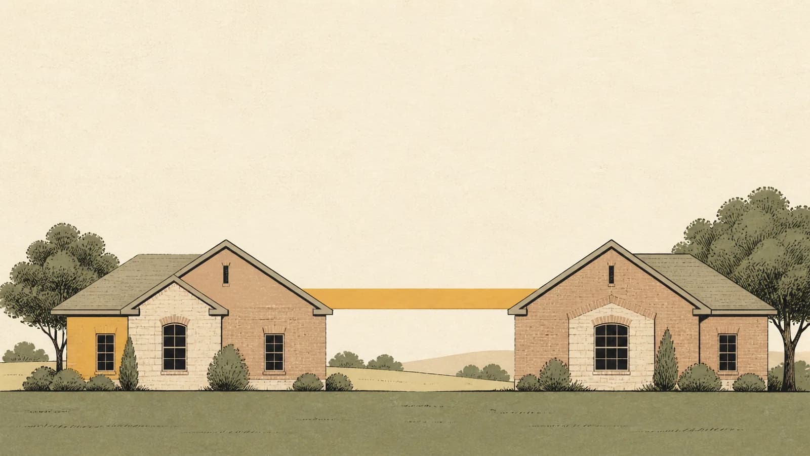 Illustration of two houses with a flat plank spanning the gap between their rooflines.