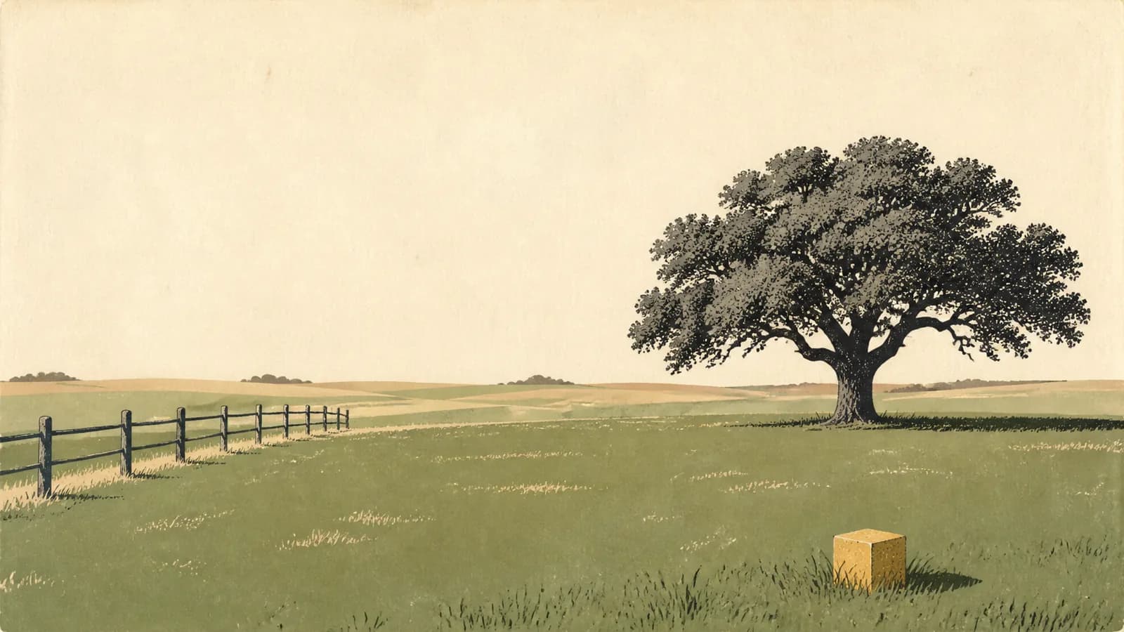 Illustration of open pasture with a ranch fence, one live oak, and a small staked corner marker.
