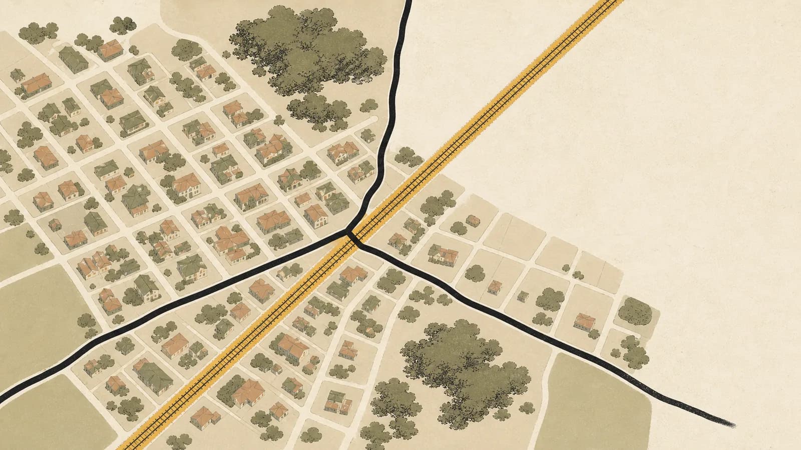 Overhead illustration of a city grid crossed by three boundary lines and a diagonal rail line.