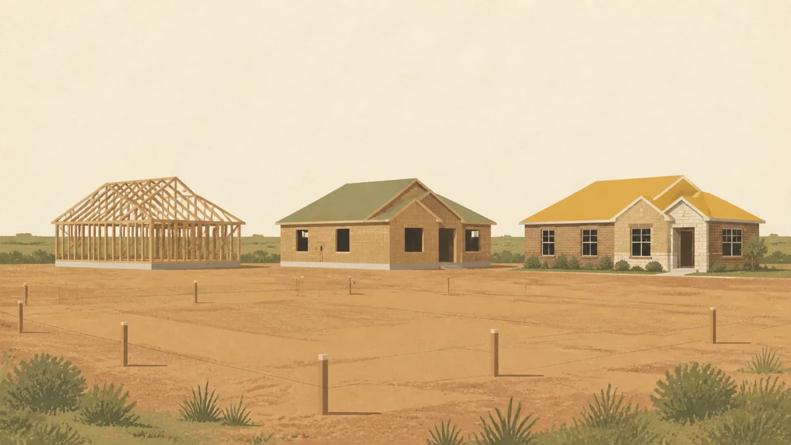 Illustration of houses at three stages of construction stepping across a prairie lot, from bare frame to finished brick.