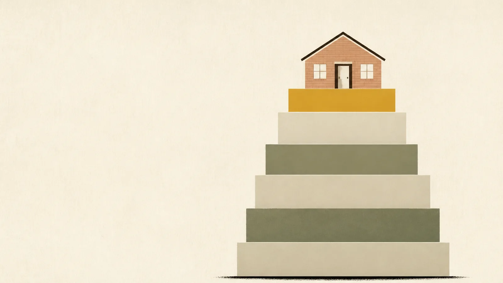 Illustration of a house resting on a tall stack of stacked rectangular blocks of decreasing width.