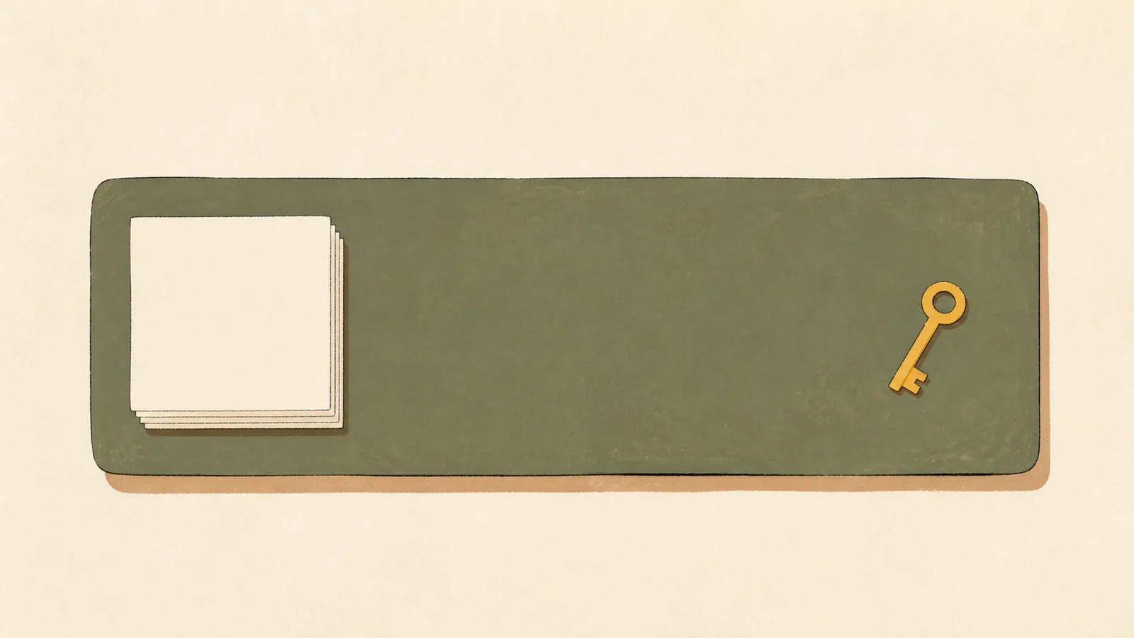 Overhead illustration of a long table with a stack of blank sheets at one end and a key at the other.