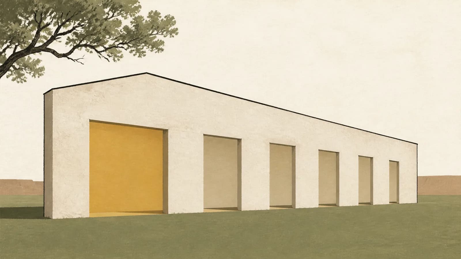 Illustration of a building wall with six doorways of decreasing width cut into it.