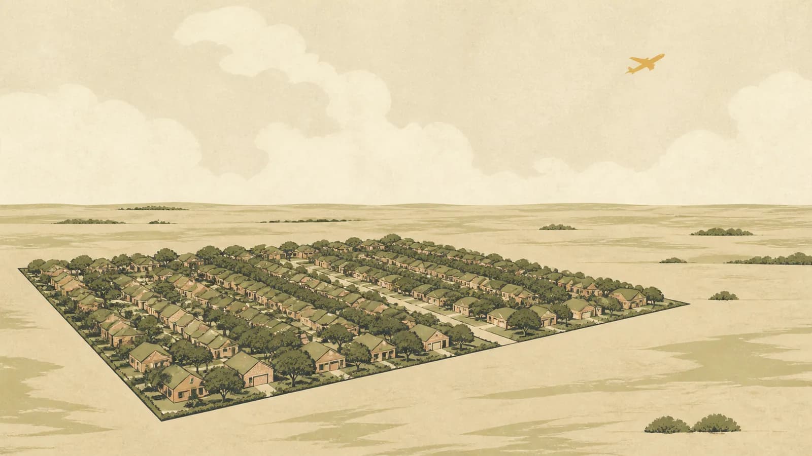 Illustration of a fully built-out square of suburb surrounded by empty prairie, with a plane climbing overhead.