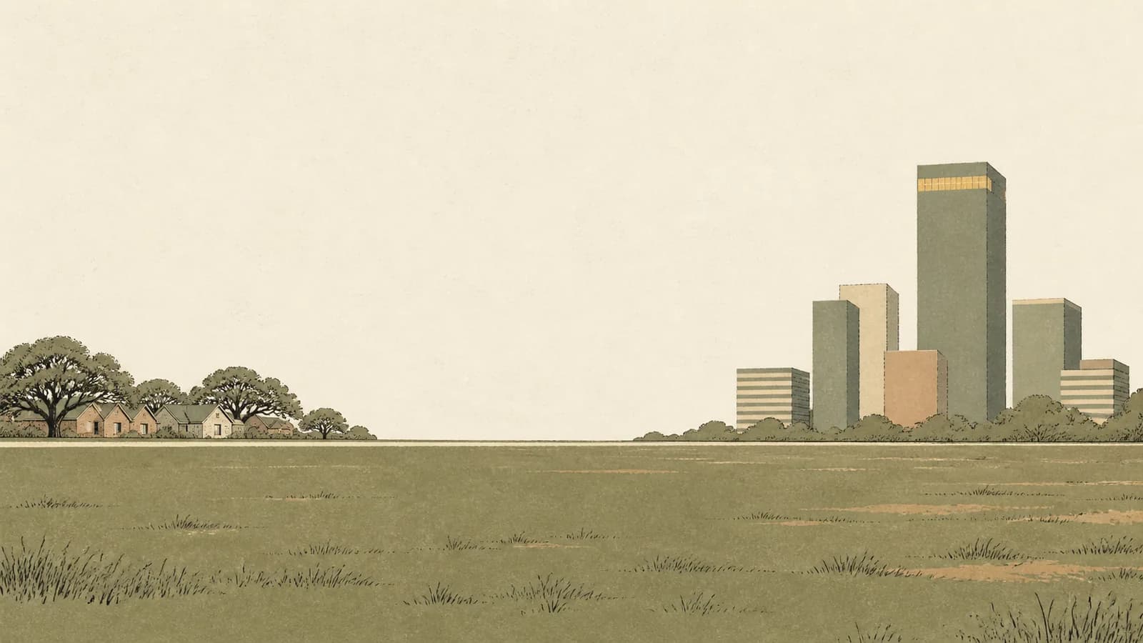 Illustration of a distant office tower cluster and a small suburban neighborhood connected by a thin road along the horizon.