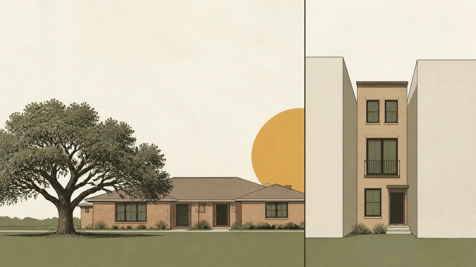 Split illustration comparing a wide suburban house on a lawn with a narrow urban townhouse.