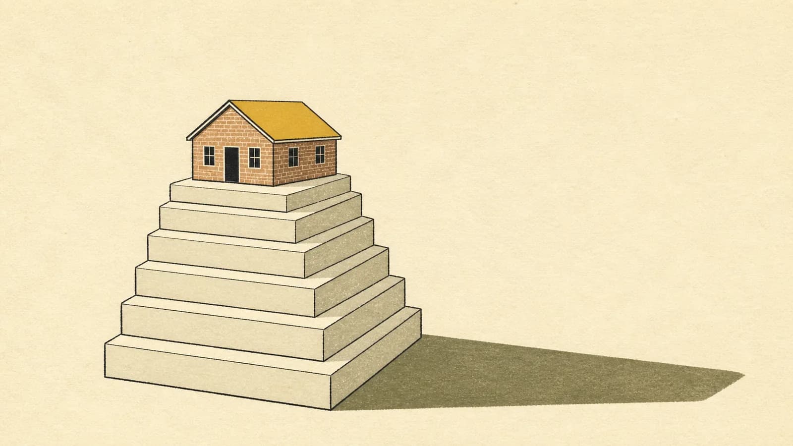 Illustration of a small house balanced on a tall stack of blank flat slabs.