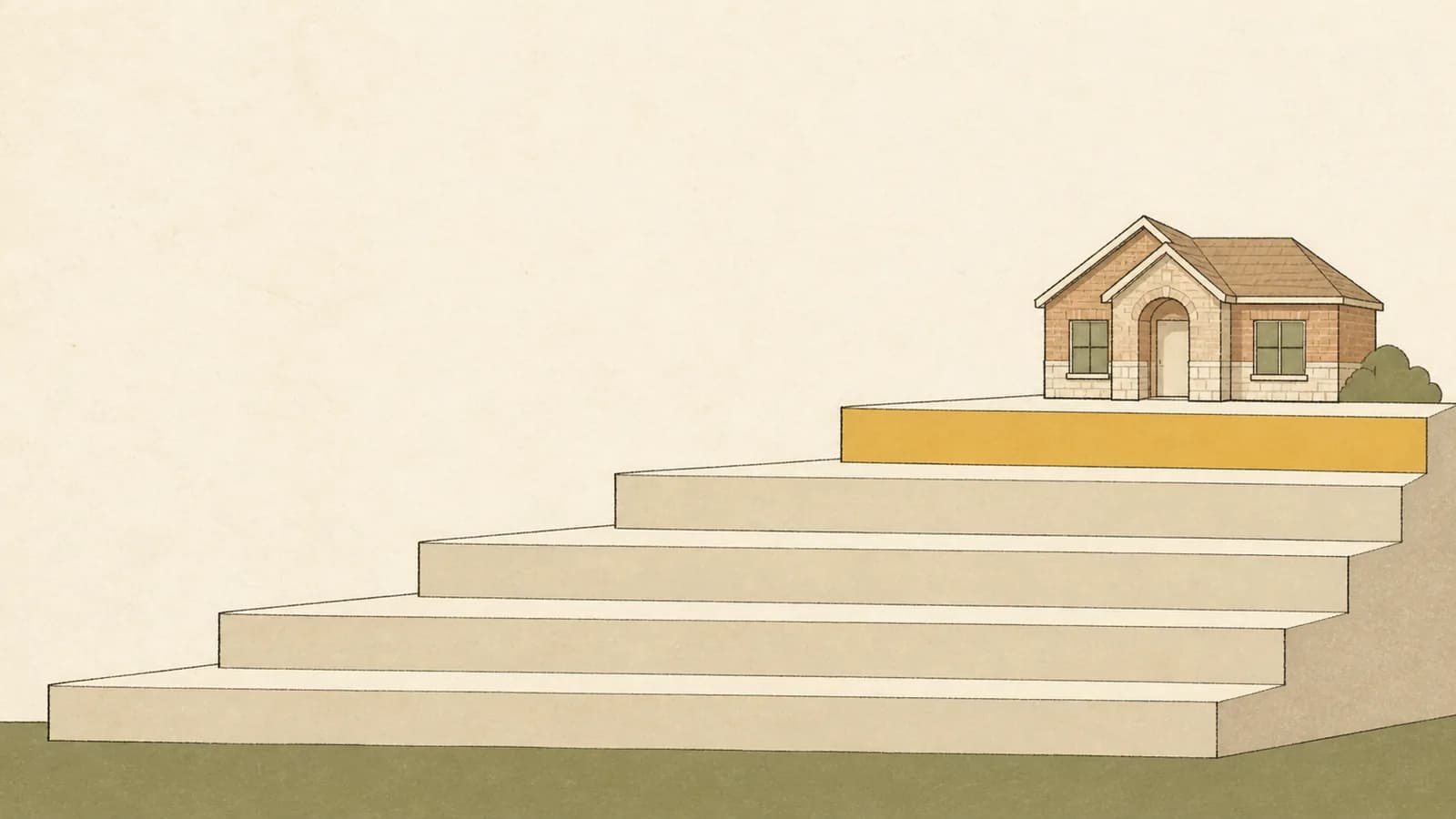 Illustration of a shallow five-step staircase rising to a small house on the top step.