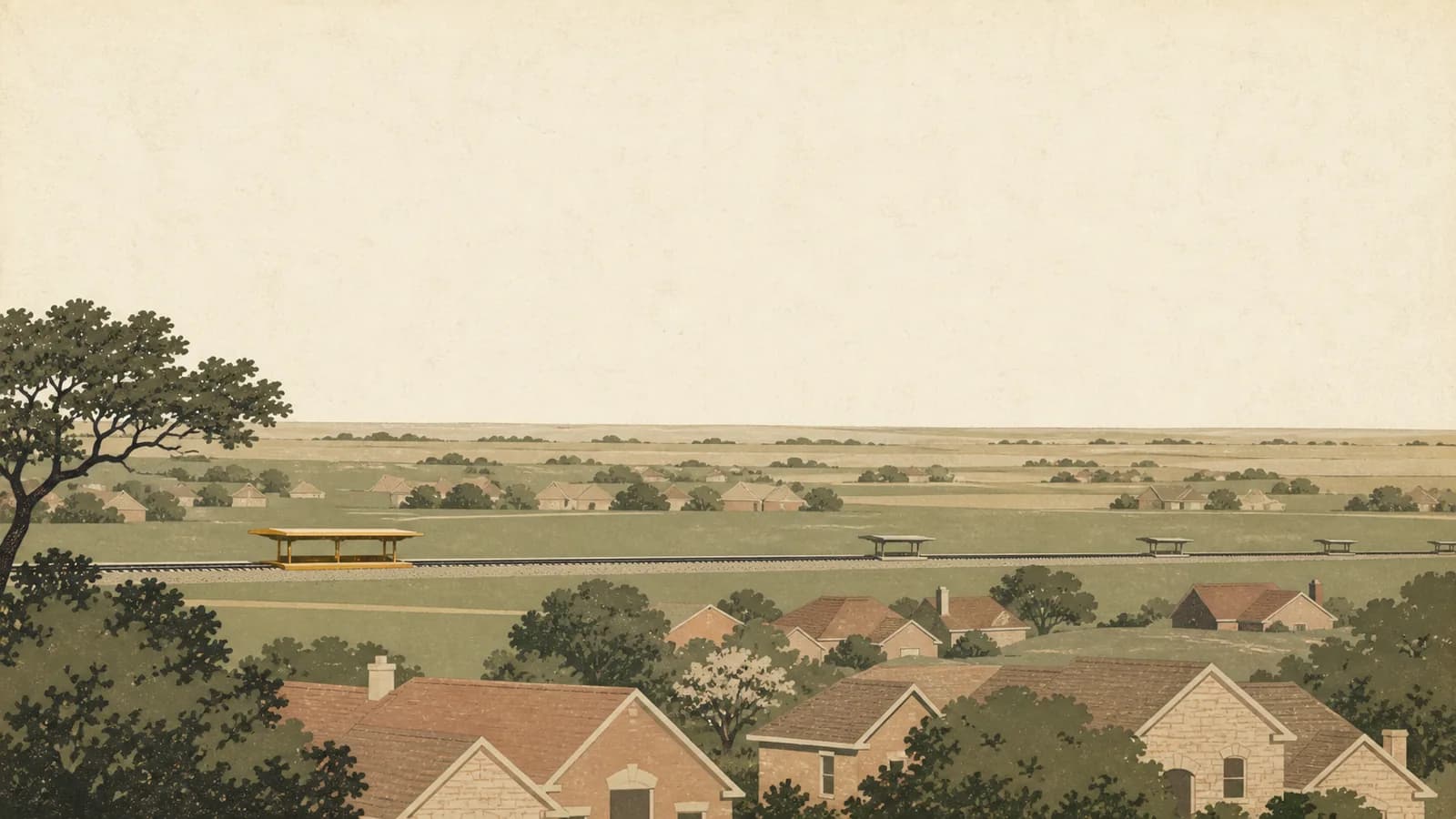 Illustration of a straight rail line with platforms at intervals and rooftops thinning with distance.
