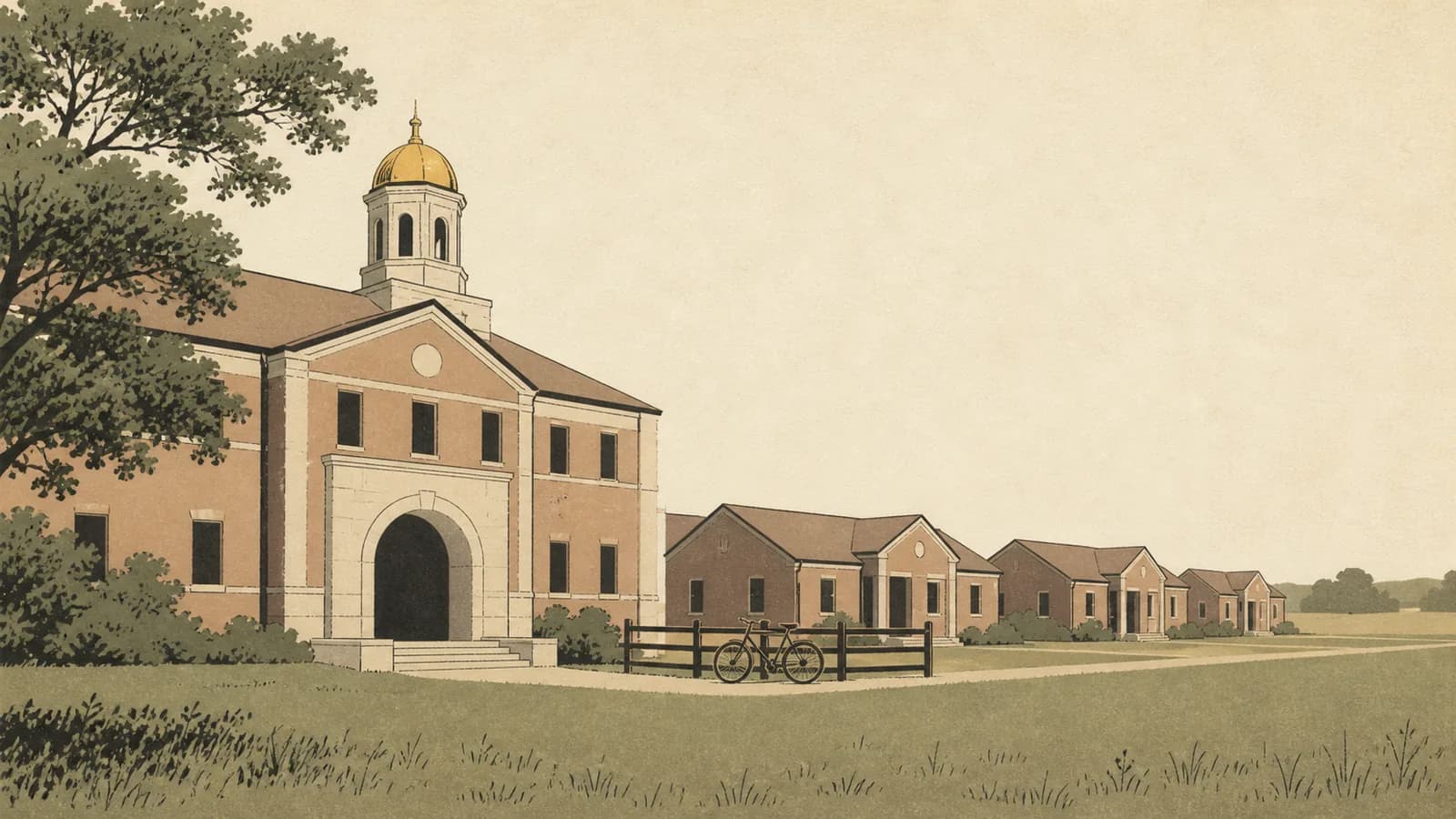 Illustration of a university hall with a cupola beside a row of small rental duplexes.