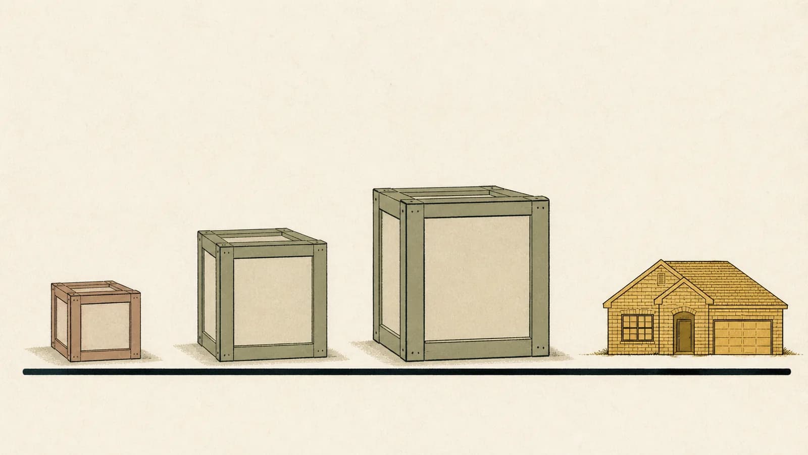 Illustration of three moving crates in a row above a long rule ending at a small house.