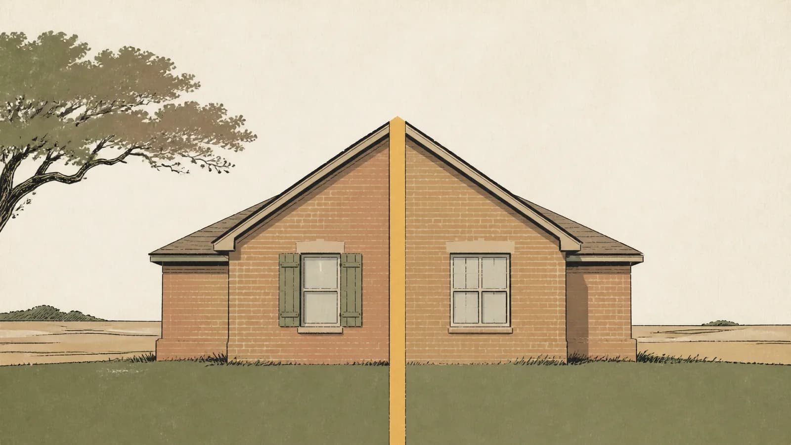 Illustration of a house split down the middle by a narrow strip of empty space.