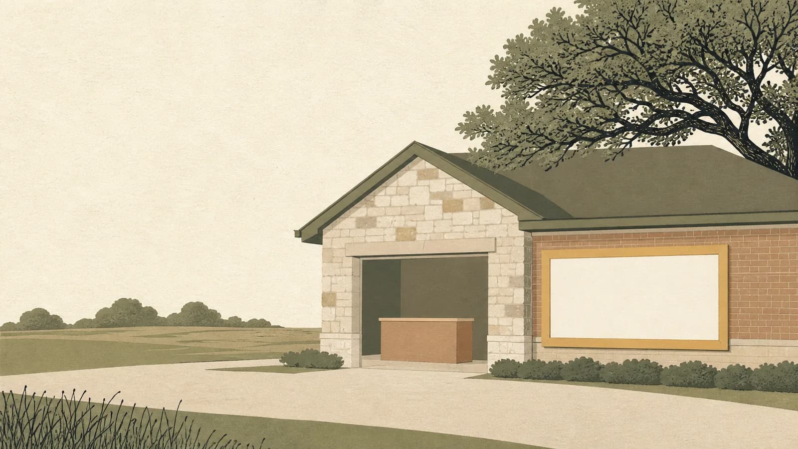 Illustration of a small sales office building with a wide blank display board beside its entrance.