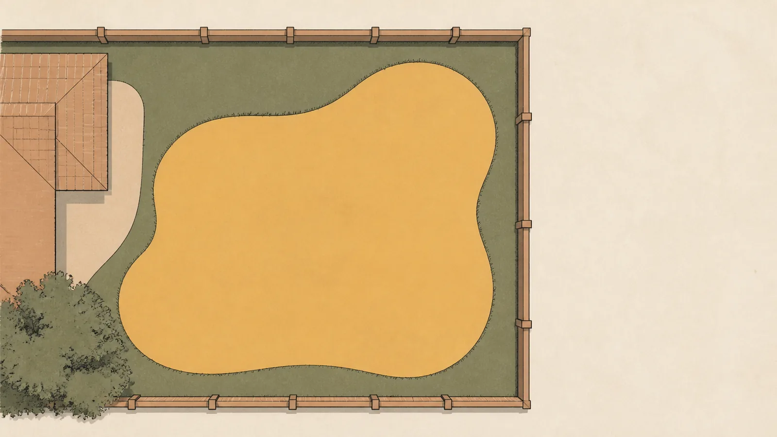 Overhead illustration of a back yard mostly filled by a large pool with a narrow strip of grass.