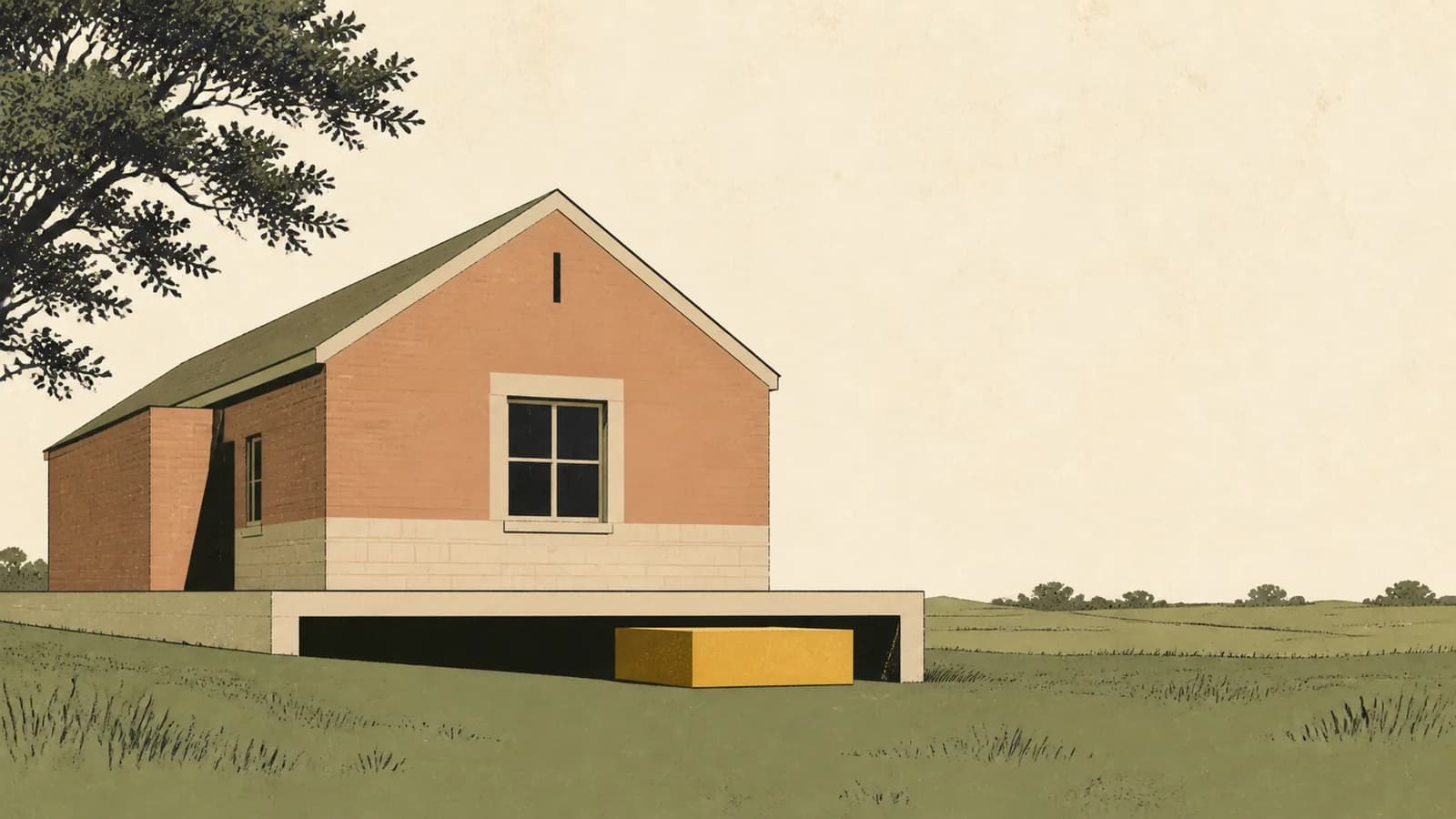 Illustration of a house on a plinth with a smaller block sliding in underneath to fill the gap.
