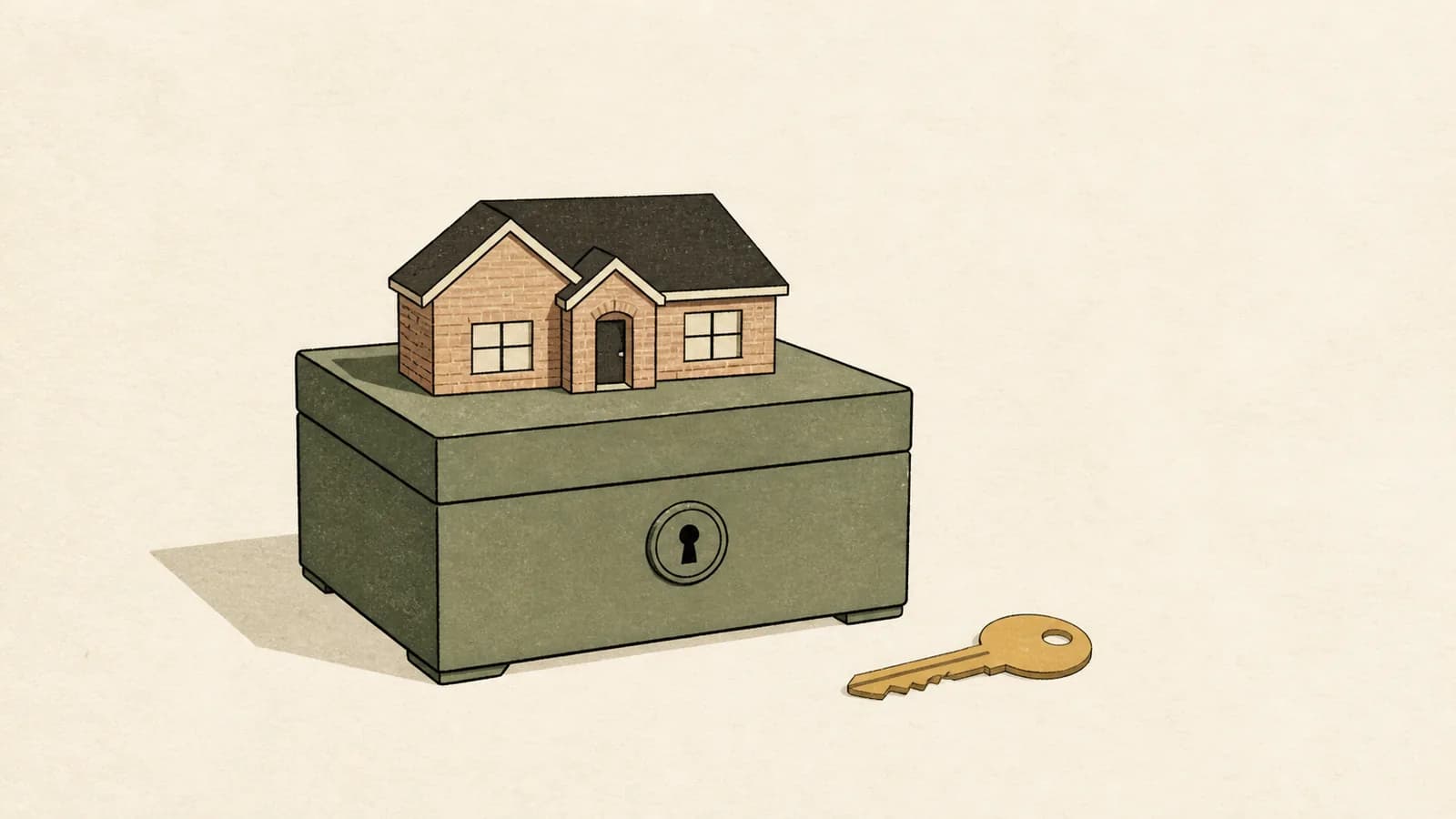 Illustration of a closed strongbox with a small house on its lid and a key lying beside it.