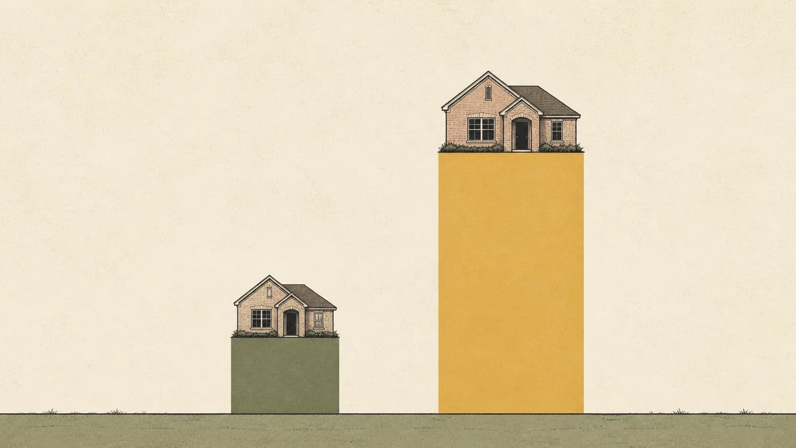 Illustration of two bars of very different heights each topped by a small new house.