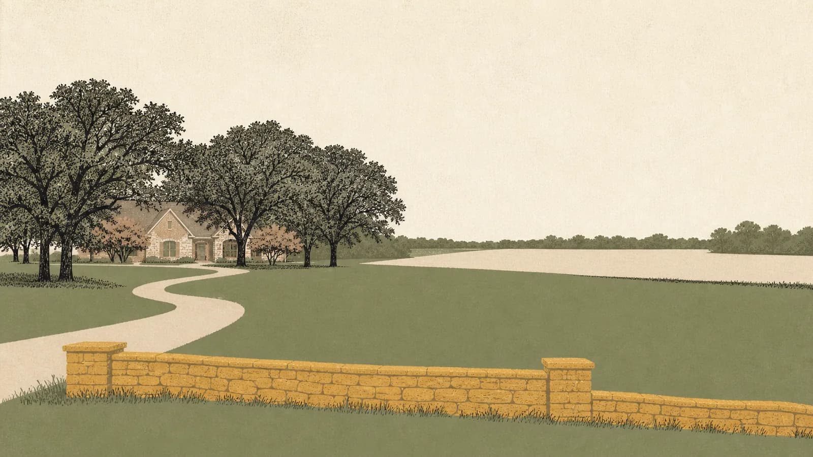 Illustration of an open pasture with a stone entry wall, a winding drive and a house behind trees.