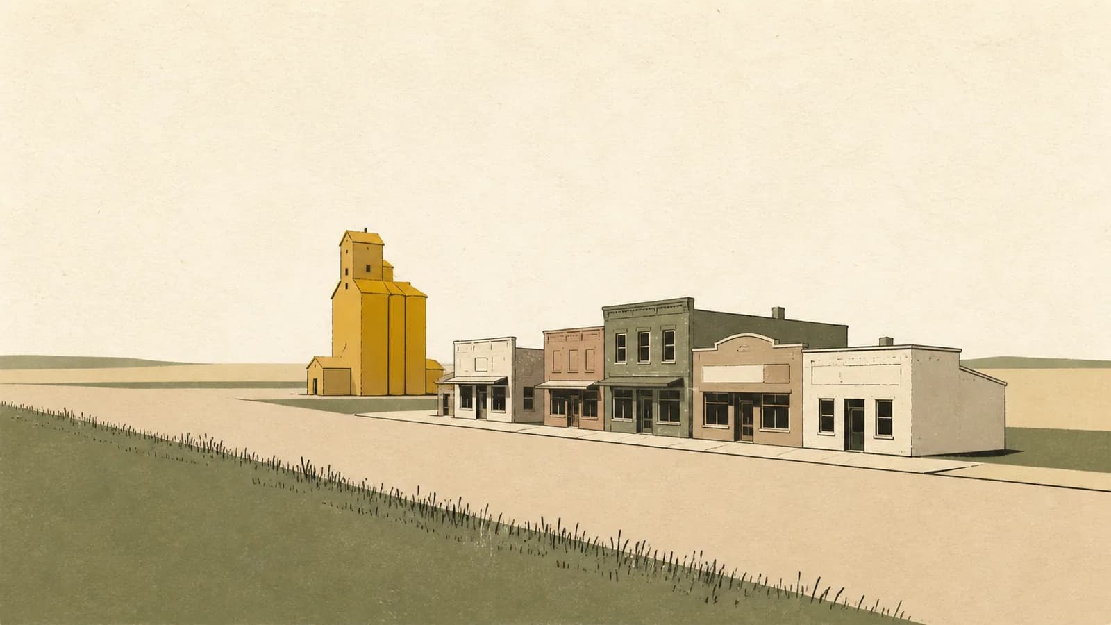 Illustration of a small main street of storefronts and a grain elevator surrounded by open farmland.